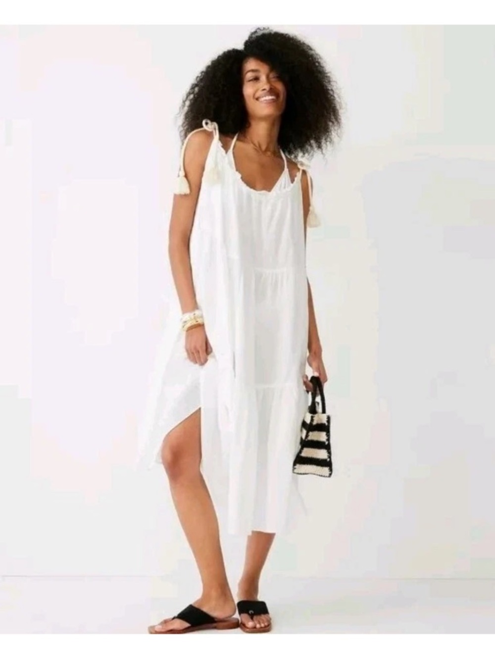 J. Crew Tiered rope-tie sundress 100% Cotton Beach Dress white‎ oversized
